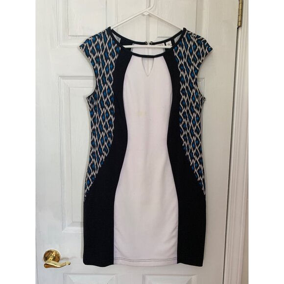 Cato Womens Bodycon Sheath Mini Dress Size 8 White Black Blue Leopard Color Bloc - Picture 1 of 7